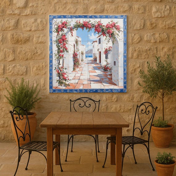 Mural de azulejos de cerámica de un pueblo costero mediterráneo — Mural cerámico de Cerámicas La Noria