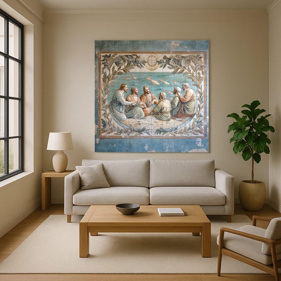 Mural de cerámica bíblico con Jesús y los apóstoles junto al mar, arte religi… — vista 4