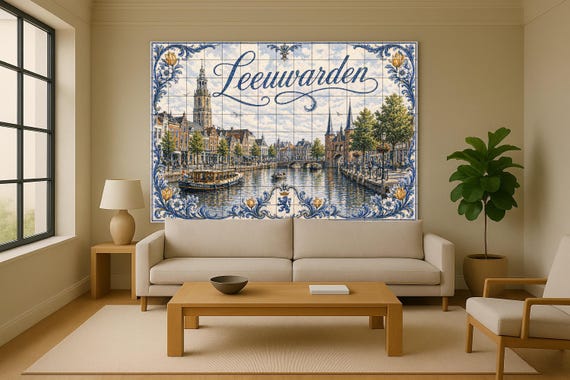 Mural de azulejos de cerámica de los canales históricos de Leeuwarden, Países… — vista 2
