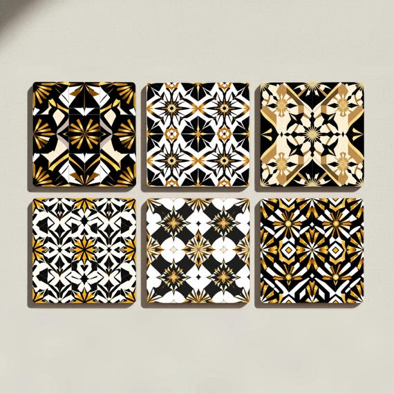 Art Déco - Azulejos geométricos de cerámica en negro, blanco y dorado — vista 3