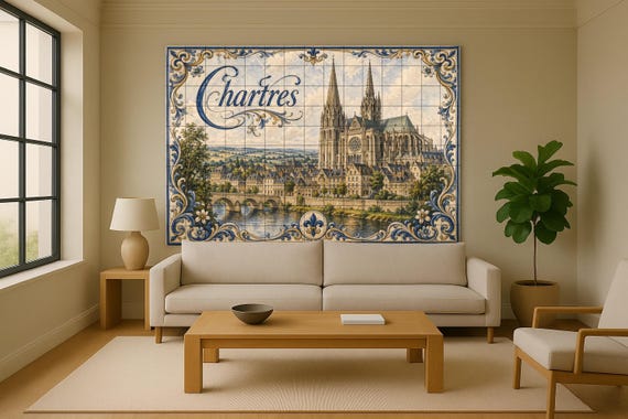 Mural de azulejos de cerámica de Chartres, arte mural de la catedral gótica f… — vista 2