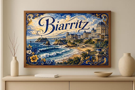Mural de azulejos de cerámica de Biarritz, arte mural costero francés con el … — vista 2