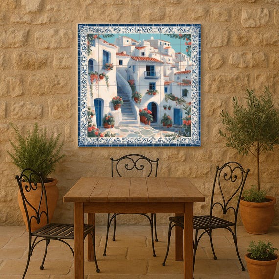 Mural de azulejos con escaleras de pueblo griego, escena de puerta azul medit… — vista 3