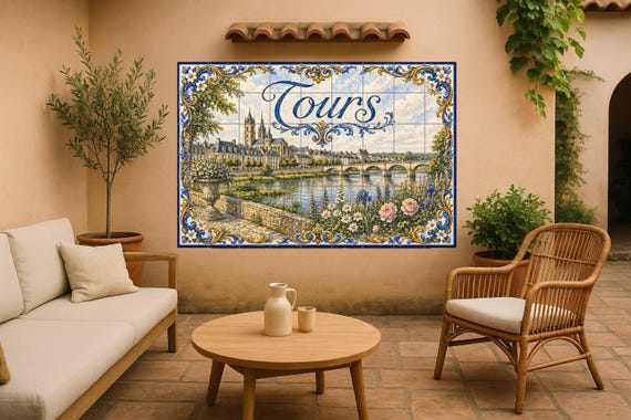 Mural de azulejos de cerámica de Tours, arte mural del Valle del Loira con ar…