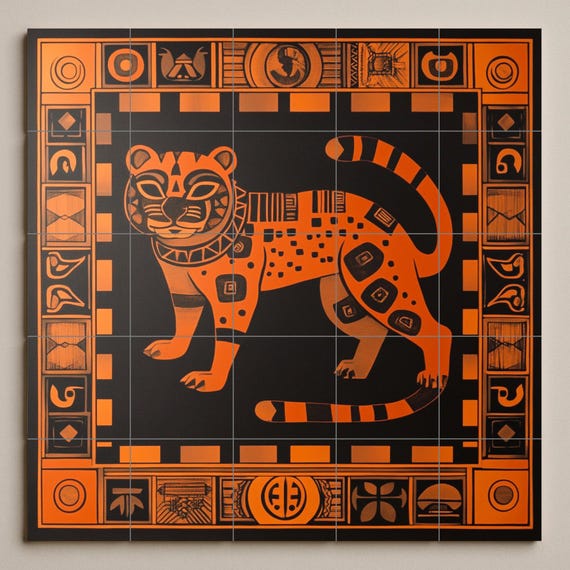 Mural de cerámica de jaguar azteca en naranja quemado y negro, arte mural geo… — vista 3