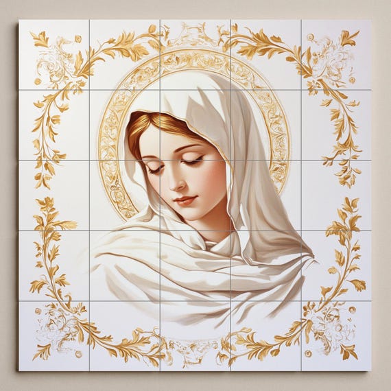 Mural de pared de cerámica de la Virgen María con halo dorado y adornos flora… — vista 3