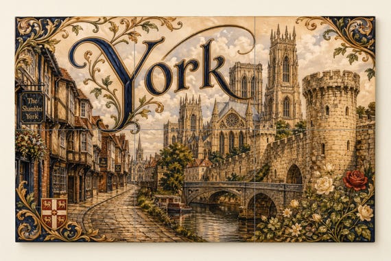 Mural de azulejos de cerámica de York, Inglaterra, arte mural de ciudad medie…