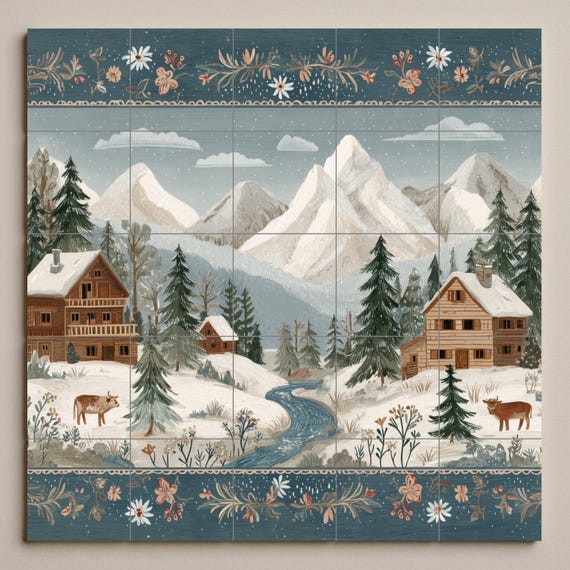 Mural de azulejos de un pueblo alpino nevado — vista 3