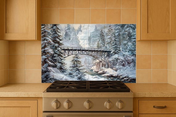 Mural cerámico con puente de montaña nevado — Mural cerámico de Cerámicas La Noria