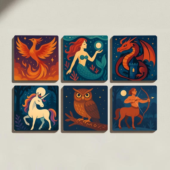 Criaturas míticas, posavasos de azulejos de fantasía, dragón, fénix y — vista 3