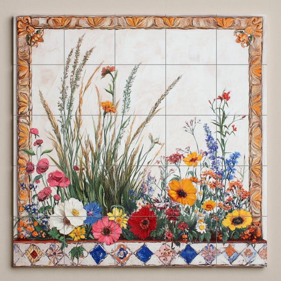 Mural de azulejos de cerámica con borde de prado de flores silvestres, tallos… — vista 3