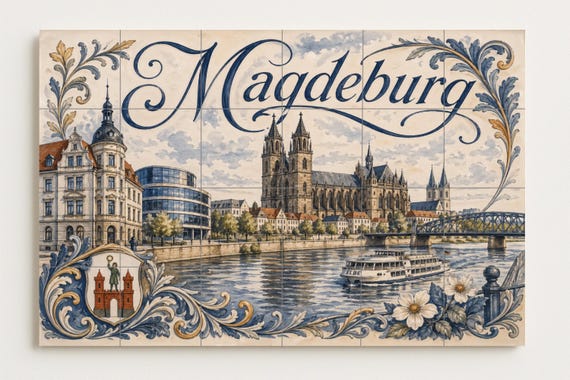 Mural de azulejos de cerámica de Magdeburgo, arte mural de paisaje urbano del… — vista 4