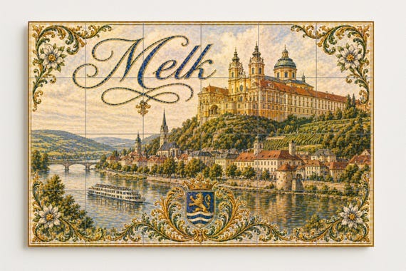 Mural de azulejos de cerámica de Melk, Austria, río Danubio y arte mural barr… — vista 4