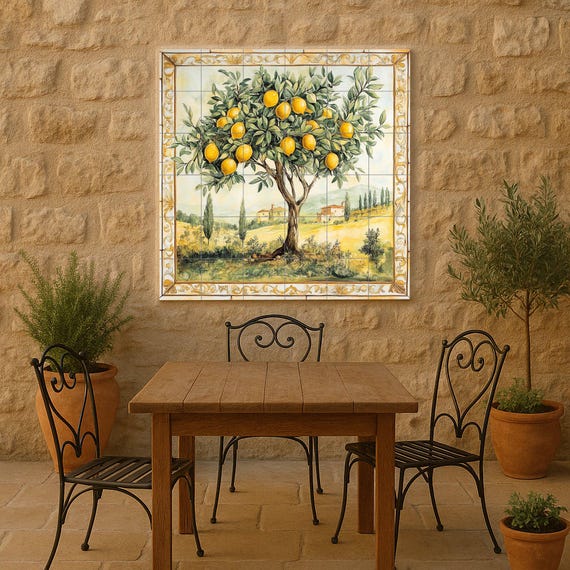 Mural de pared de cerámica de limonero con paisaje toscano y borde dorado, ar… — vista 2