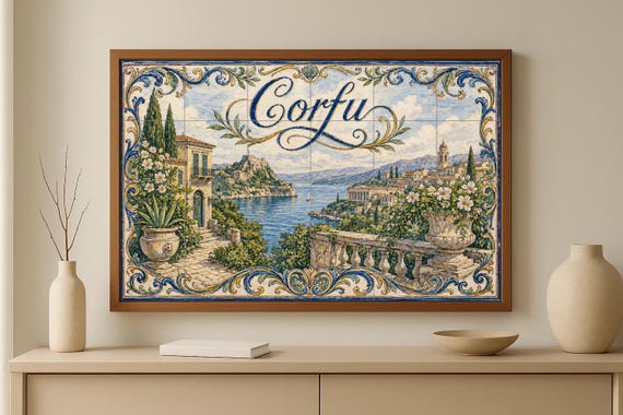 Mural de azulejos de cerámica de Corfú, Grecia, arte mural mediterráneo junto… — vista 3