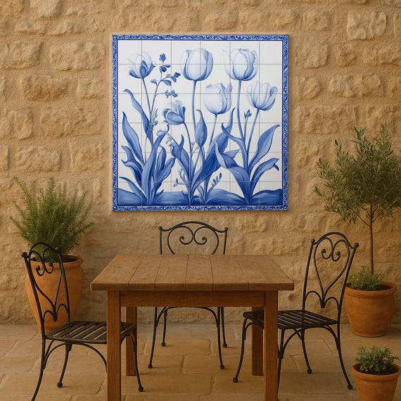 Mural de azulejos de cerámica con tulipanes azules de Delft — vista 4
