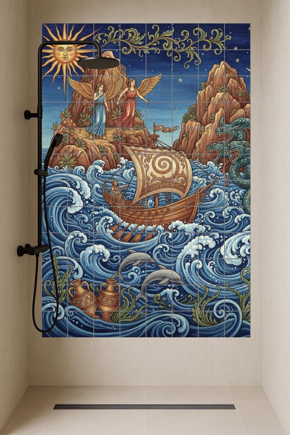 Mural de cerámica de Odiseo y las Sirenas, mito griego, panel náutico, decora… — vista 3
