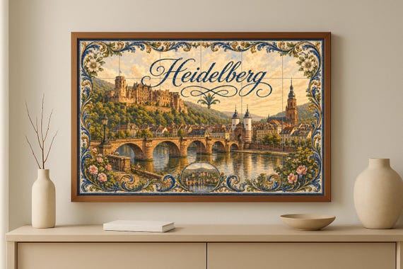 Mural de azulejos de cerámica de Heidelberg, arte mural romántico de paisaje … — vista 3