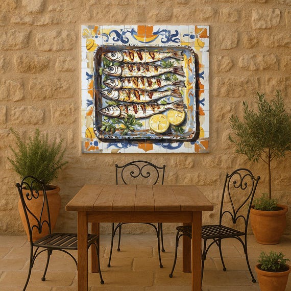Mural de azulejos cerámicos de sardinas de Málaga con tradición marinera anda… — vista 2