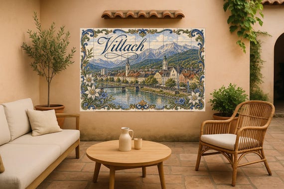 Mural de azulejos de cerámica de Villach Alpine Riverside Austria, río Drau y…
