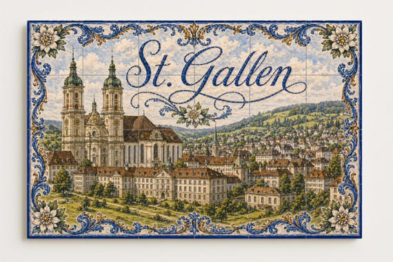 Mural de azulejos de cerámica de San Galo, Suiza, arte mural de la histórica … — vista 4