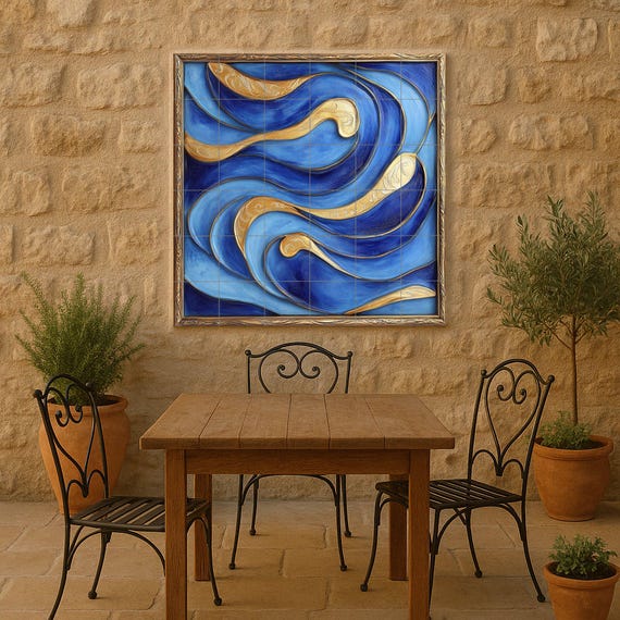 Mural de azulejos de cerámica abstractos azules y dorados para pared. Panel d… — vista 4