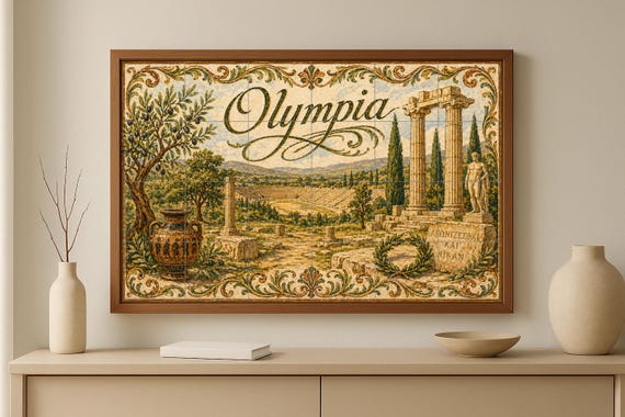 Mural de azulejos de cerámica de Olimpia, Grecia, arte mural de ruinas olímpi…