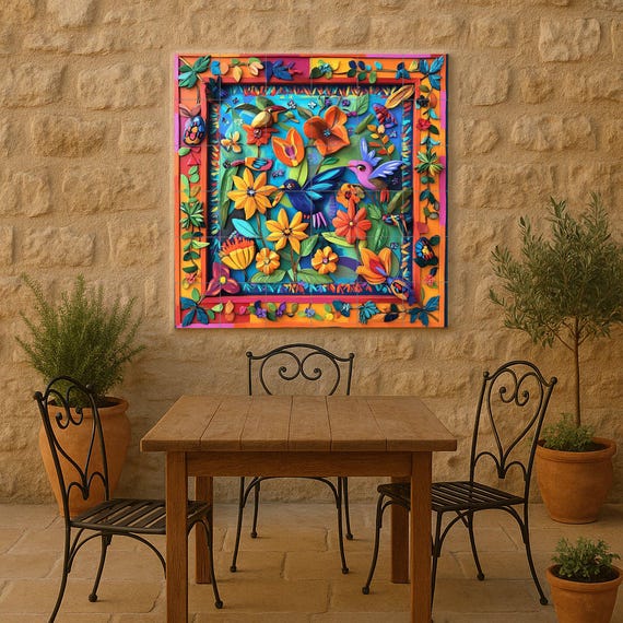 Mural de cerámica de arte popular mexicano con pájaros y flores tropicales, a… — vista 2