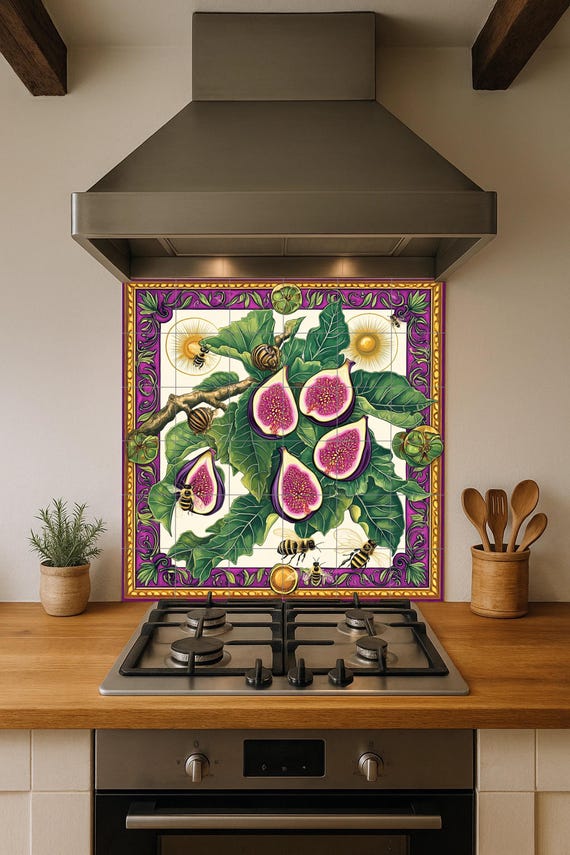 Mural de azulejos de cerámica con higos, hojas, abejas y caracoles, diseño de… — vista 2