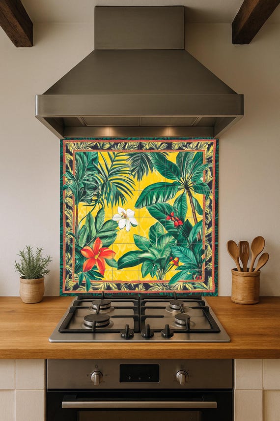 Mural de cerámica brasileña con flores tropicales — vista 4