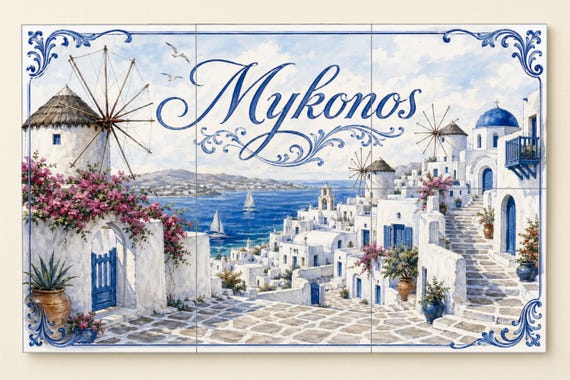 Mural de azulejos de cerámica de Mykonos, arte mural costero mediterráneo, pa… — vista 4
