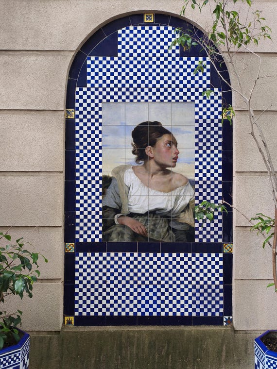 Mural de azulejos de cerámica "Niña huérfana en el cementerio"
