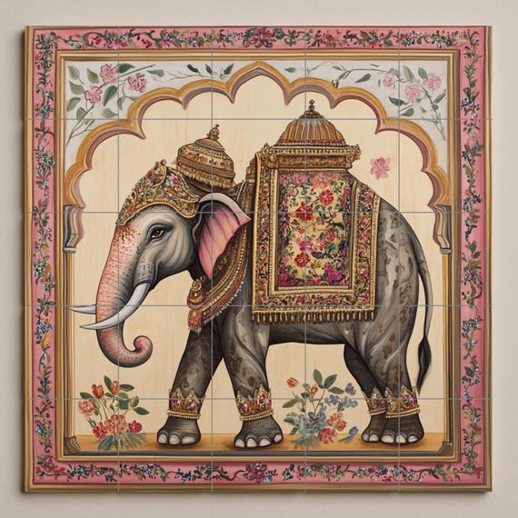Mural de pared de cerámica de elefante indio con silla de montar ornamentada … — vista 3