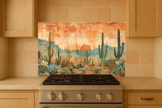 Mural de cactus al atardecer en el desierto
