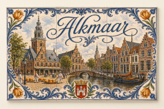 Mural de azulejos de cerámica de Alkmaar, Países Bajos, arte mural de la ciud…