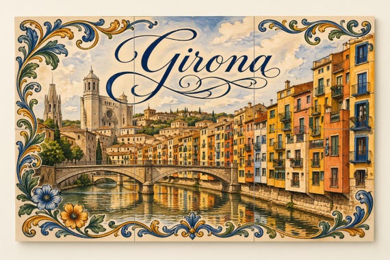 Mural de azulejos de cerámica de la Catedral de Girona, colorida decoración d…