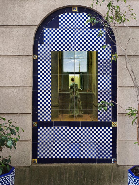 Mural de cerámica "Mujer en una ventana"