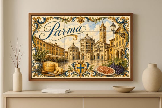 Mural de azulejos de cerámica de Parma, Italia, arte mural culinario italiano… — vista 3