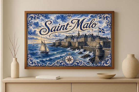 Mural de azulejos de cerámica de Saint-Malo, arte mural costero francés con p… — vista 3