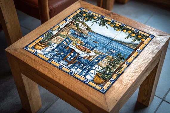 Mural de azulejos cerámicos de una taberna de una isla griega con sillas azul… — vista 4