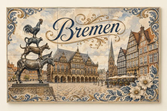 Mural de azulejos de cerámica de Bremen, Alemania, arte mural con paisaje urb…