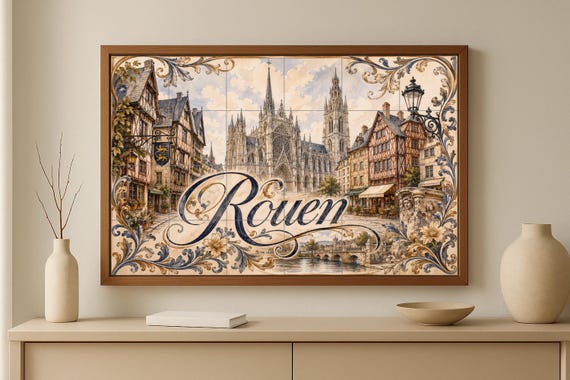 Mural de azulejos de cerámica de Rouen, arte mural de catedral gótica frances… — vista 3