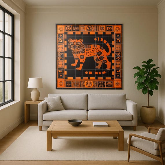 Mural de cerámica de jaguar azteca en naranja quemado y negro, arte mural geo… — vista 2