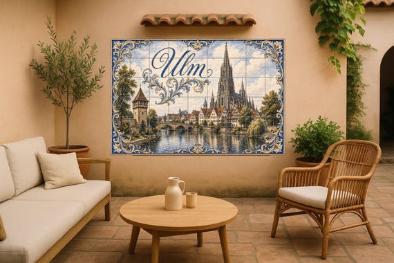 Mural de azulejos de cerámica de Ulm, Alemania, arte mural con paisaje urbano…