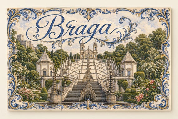 Mural de azulejos de cerámica de Braga, Portugal, Santuario de Bom Jesus y de…