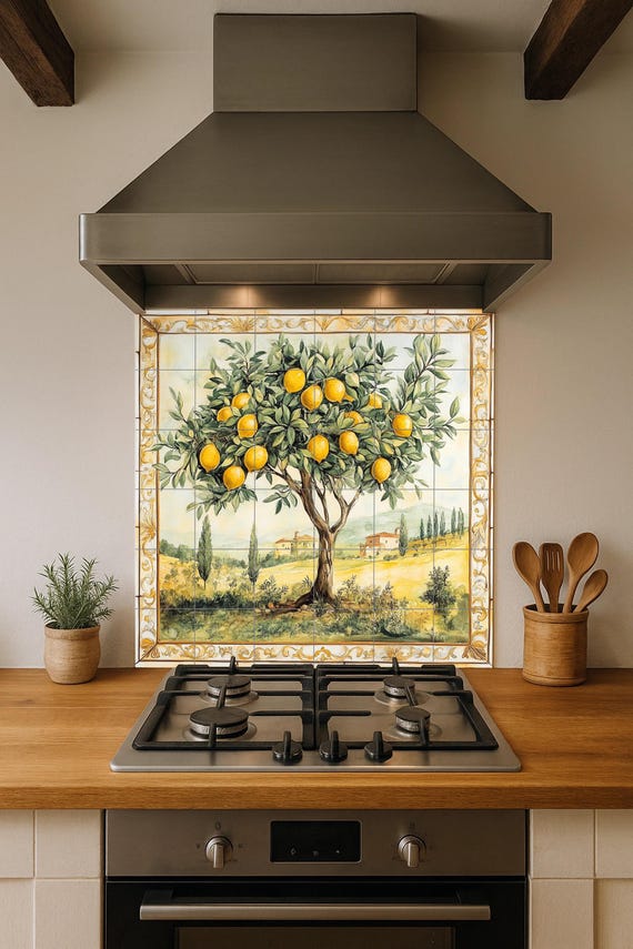 Mural de pared de cerámica de limonero con paisaje toscano y borde dorado, ar… — vista 4