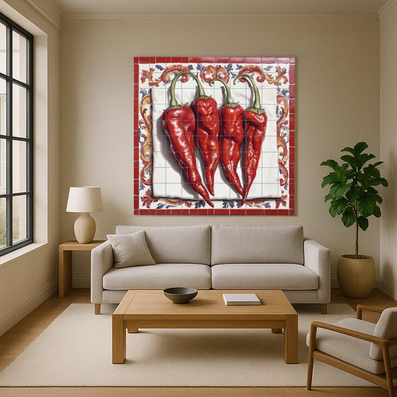 Mural de azulejos de cerámica rústica con chiles rojos, arte mural de peperon… — vista 4