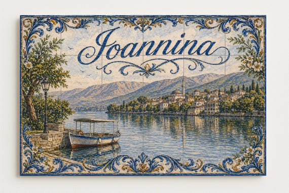 Mural de azulejos de cerámica de Ioannina, Grecia, arte mural junto al lago d… — vista 4