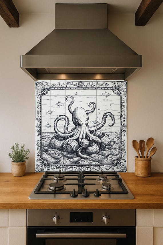 Mural de azulejos cerámicos con forma de pulpo náutico y barriles vintage, es… — vista 2