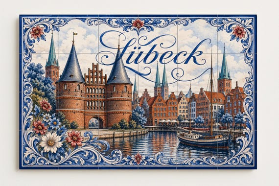 Mural de azulejos de cerámica de Lübeck, arte mural del puerto hanseático, de… — vista 4